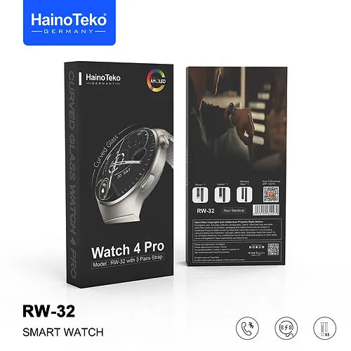 Haino Teko Germany Watch 4-Pro Rw-32 Smart Watch -Amoled -Carved Glass Display- Silicone + Stainless Steel 3 Strap