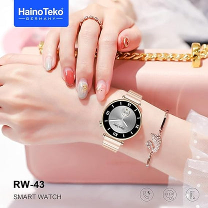 Haino Teko Germany RW43 Round Shape AMOLED Display Ladies Smart Watch With Stylish Rose gold Bracelet and Three Pair Straps for Ladies and Girls Gold
