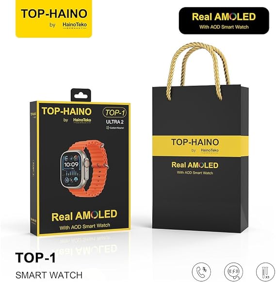 Haino Teko Germany TOP 1 Full Screen Real AMOLED Display_ 3 Pair Straps_Wireless Charger_For Ladies and Gents_Orange